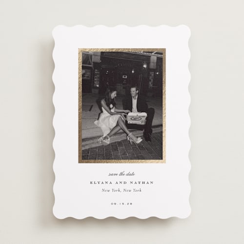 This is a pearl foil stamped save the date cards with foil pressed by Sara Hicks Malone called classically yours printing on recycled smooth signature in standard