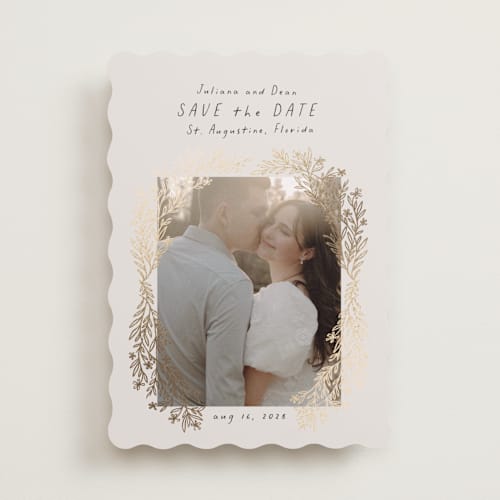 This is a cloud foil stamped save the date cards with foil pressed by Laura Hankins called flourishing printing on recycled smooth signature in standard
