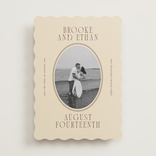 This is a buttercream save the date with standard by Angela Garrick called ethan printing on recycled smooth signature in standard