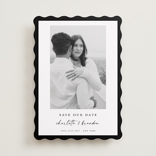 This is a onyx save the date with standard by Devika Keskar called main event printing on recycled smooth signature in standard