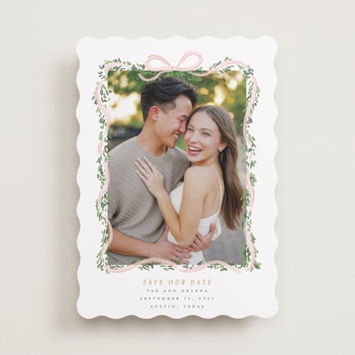 This is a blush save the date with standard by Itsy Belle Studio called ribbonly frame printing on recycled smooth signature in standard