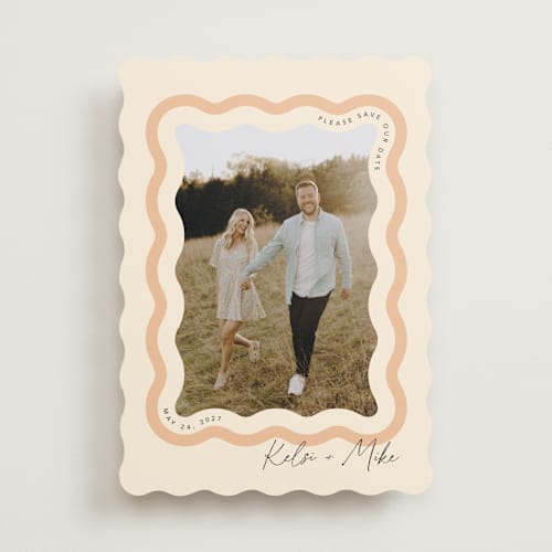 This is a seashell save the date with standard by Robert and Stella called wavy printing on recycled smooth signature in standard