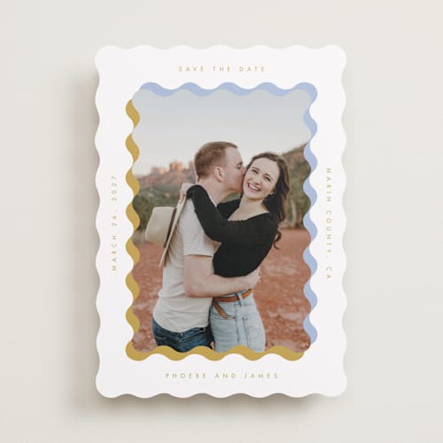 This is a aqua save the date with standard by Baumbirdy called wavy frame printing on recycled smooth signature in standard