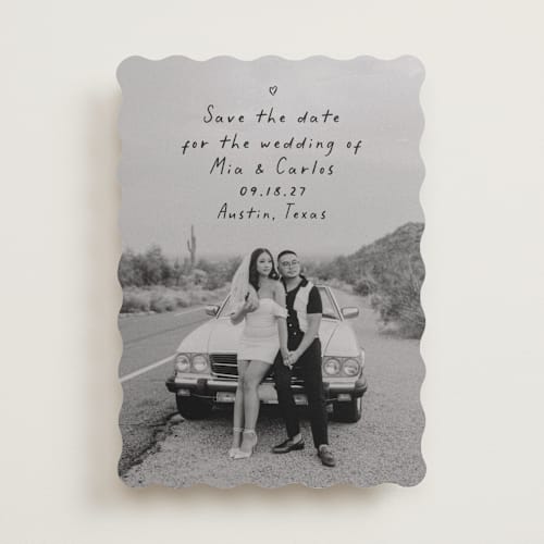 This is a noir save the date with standard by Olivia Raufman called noted printing on recycled smooth signature in standard
