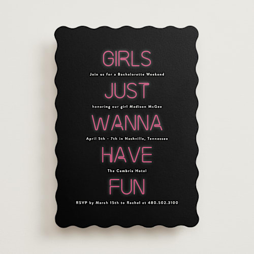 This is a tuxedo bachelorette party invitations with standard by Jennifer Postorino called neon lights printing on signature in standard