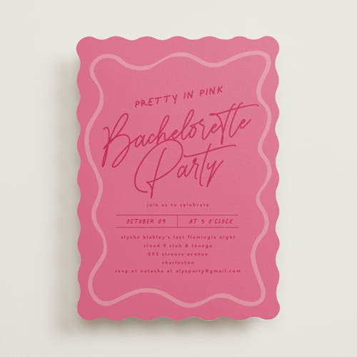 This is a rouge bachelorette party invitations with standard by chocomocacino called pink printing on signature in standard