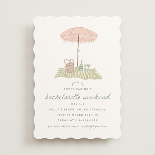 This is a seafoam bachelorette party invitations with standard by Erin Kessler called beach bachelorette printing on signature in standard