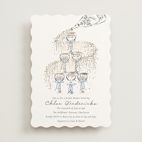 This is a dusty blue bridal shower invitations with foil pressed by Jackie Crawford called sparkling champagne tower printing on signature in standard