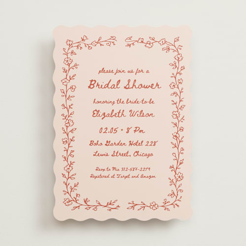 This is a brick bridal shower invitations with standard by Rina Ozum called floral lace printing on signature in standard