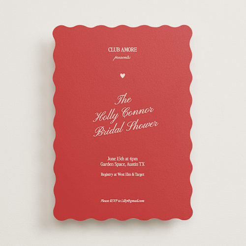 This is a ruby bridal shower invitations with standard by Helena Vitto called club amore printing on signature in standard
