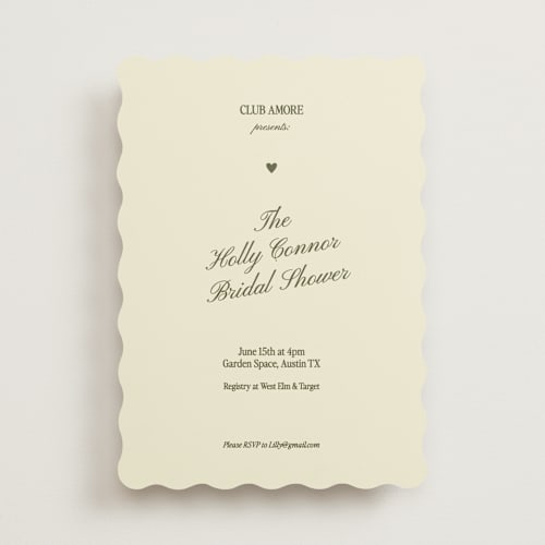 This is a olive bridal shower invitations with standard by Helena Vitto called club amore printing on signature in standard