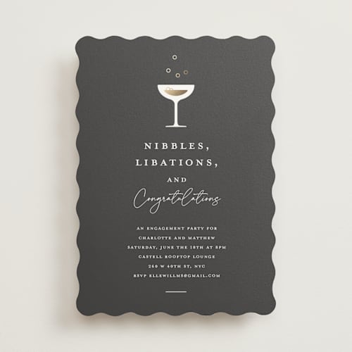 This is a midnight engagement party invitations with foil pressed by mo kelley called libations printing on signature in standard