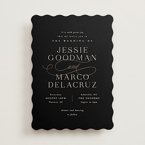 This is a onyx foil stamped wedding invitations with foil pressed by Hooray Creative called black tie affair printing on signature in standard