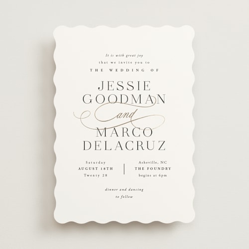 This is a pearl foil stamped wedding invitations with foil pressed by Hooray Creative called black tie affair printing on signature in standard