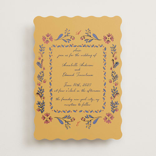 This is a mimosa foil stamped wedding invitations with foil pressed by Monika Konieczna called together in bloom printing on signature in standard