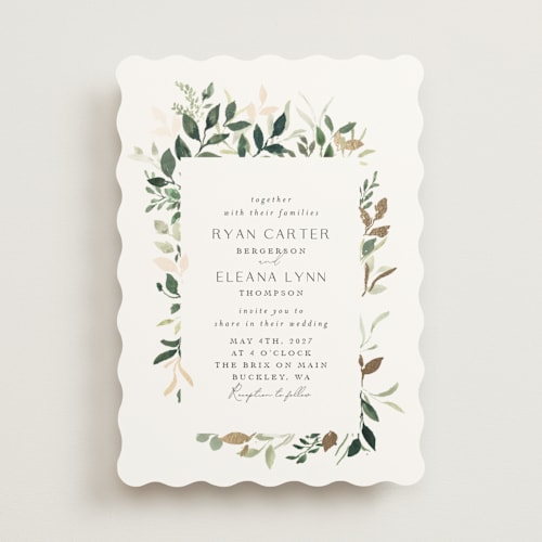 This is a greenery foil stamped wedding invitations with foil pressed by Itsy Belle Studio called garden serenity printing on signature in standard