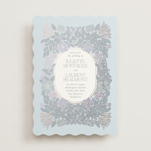 This is a icy mist foil stamped wedding invitations with foil pressed by Simona Camp called tropical garden printing on signature in standard