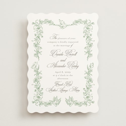 This is a mint wedding invitations with standard by Melinda Denison called romantic garden printing on signature in standard