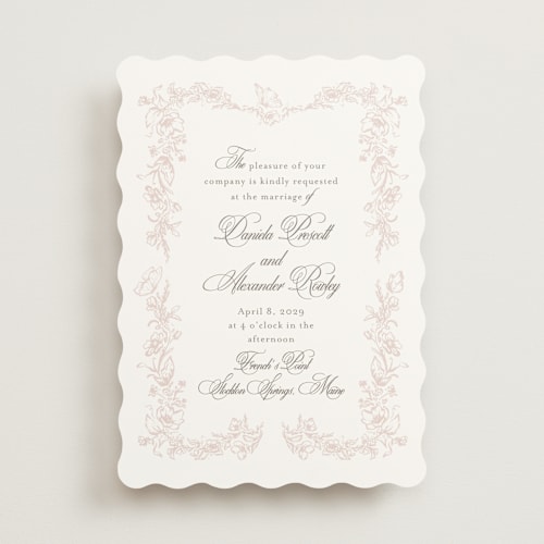 This is a blush wedding invitations with standard by Melinda Denison called romantic garden printing on signature in standard