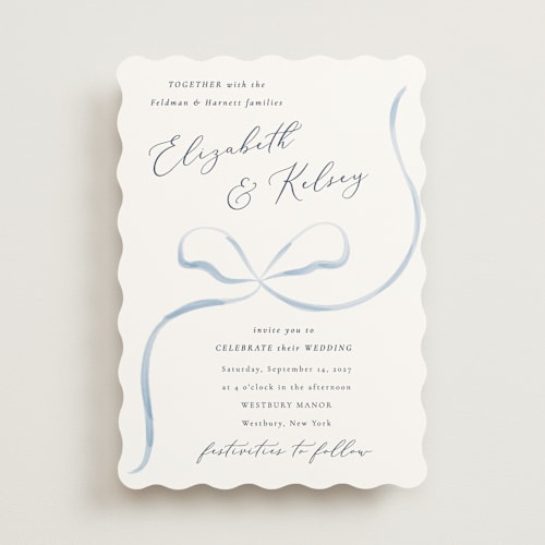 This is a dusty blue wedding invitations with standard by Corinne Malesic called bow printing on signature in standard