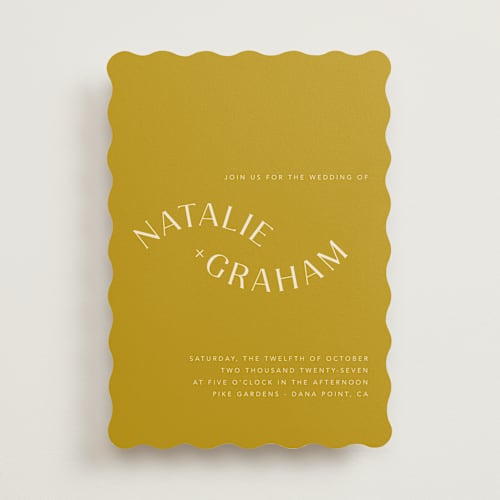 This is a marigold wedding invitations with standard by Stacey Day called swoop printing on signature in standard