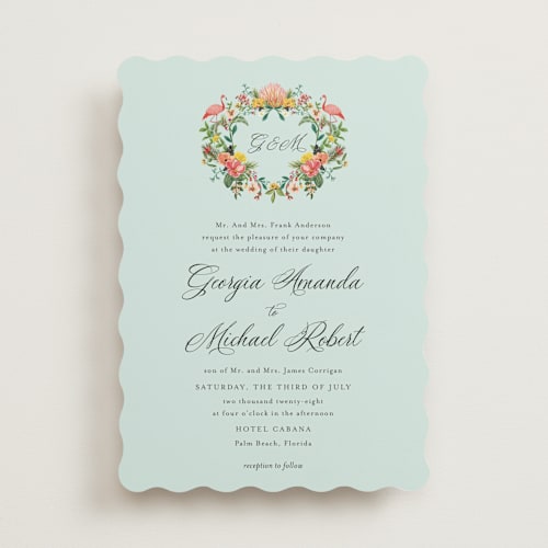 This is a papaya wedding invitations with standard by Susan Moyal called tropical crest printing on signature in standard
