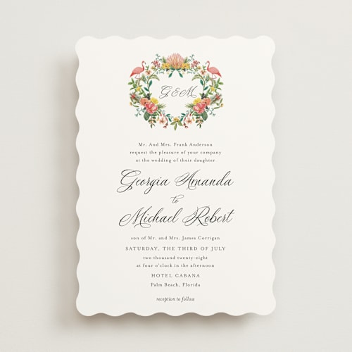 This is a hibiscus wedding invitations with standard by Susan Moyal called tropical crest printing on signature in standard
