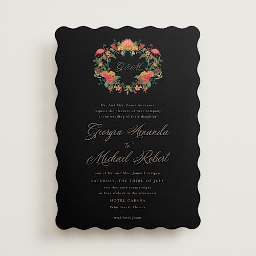 This is a jewel wedding invitations with standard by Susan Moyal called tropical crest printing on signature in standard