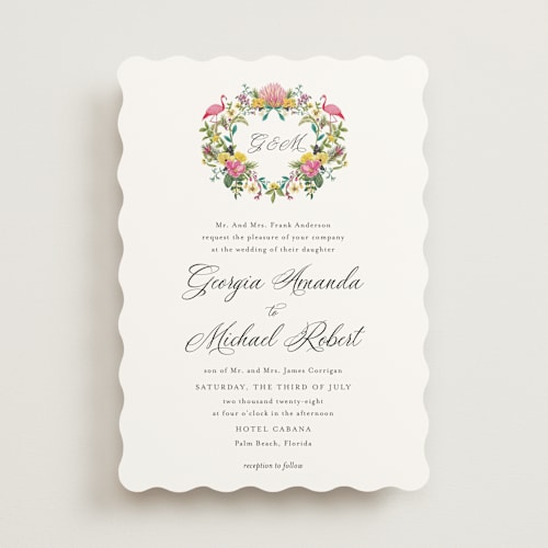 This is a lilac wedding invitations with standard by Susan Moyal called tropical crest printing on signature in standard