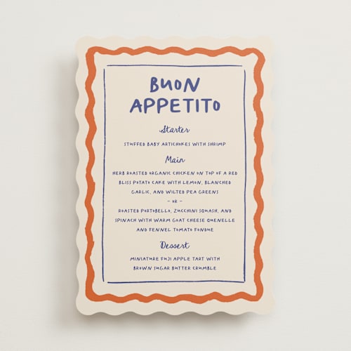 This is a tomato menu cards with standard by Carmia Jordaan called italian whimsy printing on signature in standard
