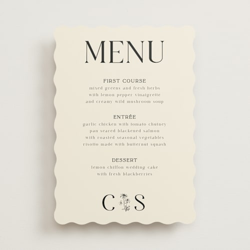 This is a cream menu cards with standard by Baumbirdy called floral emblem printing on signature in standard