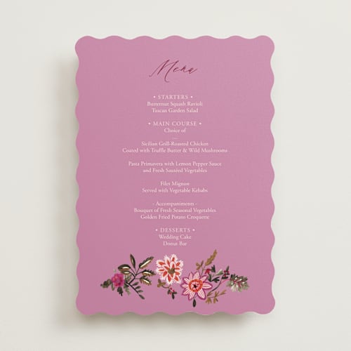 This is a ivory menu cards with standard by Caroline Bonne Muller called indian floral chintz lush printing on signature in standard