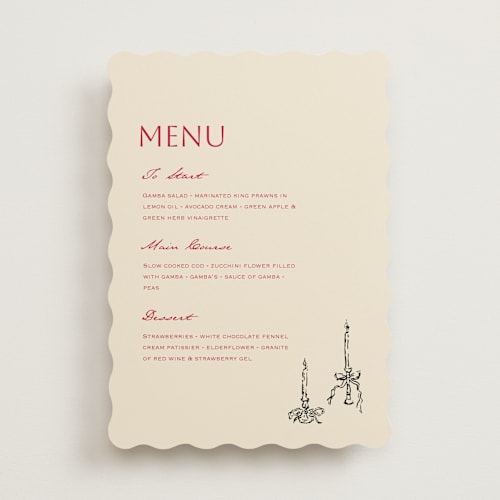 This is a champagne menu cards with standard by Draft and Wed called scalloped candlesticks printing on signature in standard