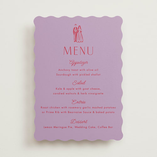 This is a lavender menu cards with standard by Becky Nimoy called cake topper printing on signature in standard