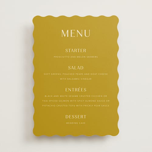This is a marigold menu cards with standard by Stacey Day called swoop printing on signature in standard