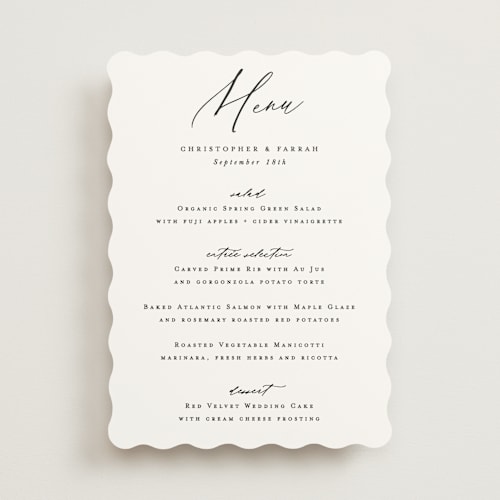 This is a pearl menu cards with standard by Hooray Creative called beautifully scripted printing on signature in standard