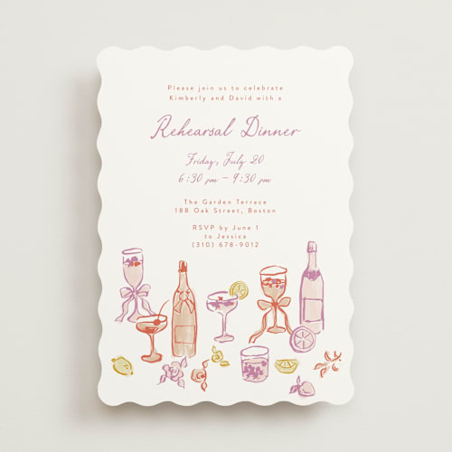 This is a orchid rehearsal dinner invitations with standard by Cass Loh called cocktails and laughter printing on signature in standard