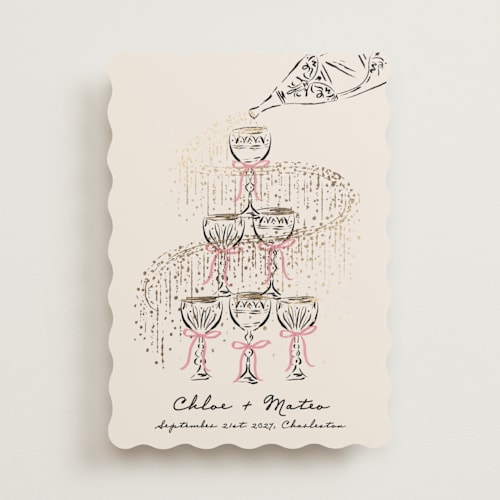 This is a petal foil stamped save the date cards with foil pressed by Jackie Crawford called sparkling champagne tower printing on signature in standard