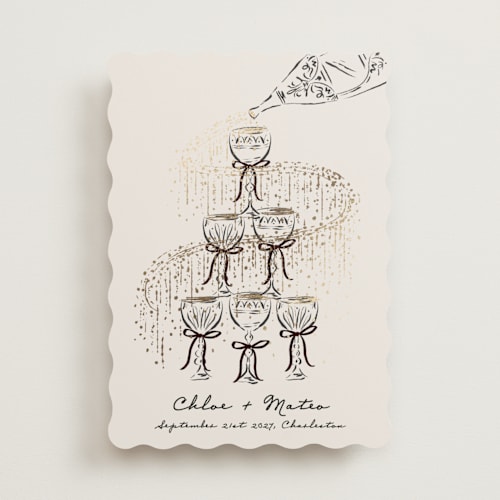 This is a noir foil stamped save the date cards with foil pressed by Jackie Crawford called sparkling champagne tower printing on signature in standard