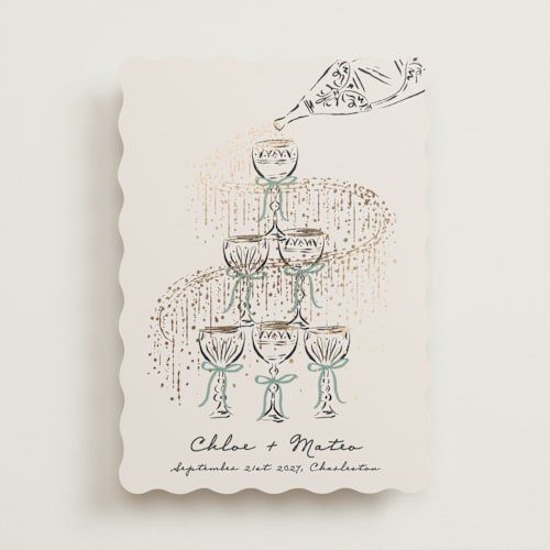 This is a forest foil stamped save the date cards with foil pressed by Jackie Crawford called sparkling champagne tower printing on signature in standard