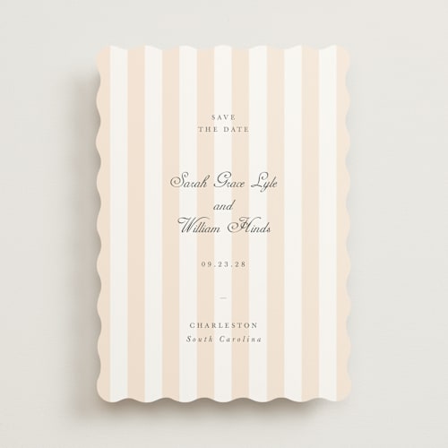 This is a peach save the date with standard by Sara Hicks Malone called awning stripe printing on signature in standard