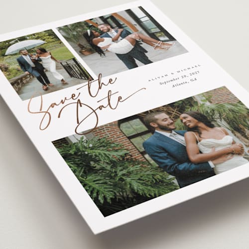 This is a pearl foil stamped save the date cards with foil pressed by Melanie Kosuge called three printing on recycled smooth signature in grand