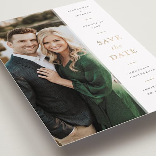 This is a chiffon foil stamped save the date cards with foil pressed by Ashley Rosenbaum called effortless printing on recycled smooth signature in grand