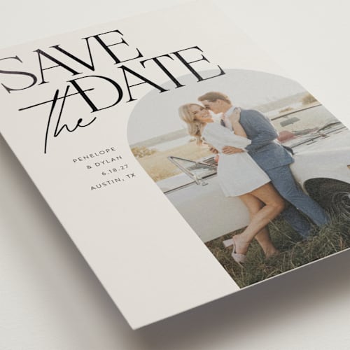 This is a ecru foil stamped save the date cards with foil pressed by Morgan Kendall called penelope printing on recycled smooth signature in grand