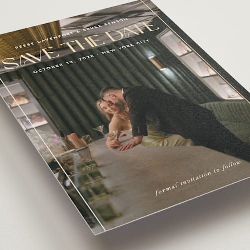 This is a cloud foil stamped save the date cards with foil pressed by Paula Pecevich called cover editorial printing on recycled smooth signature in grand