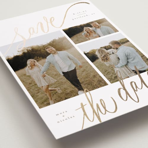 This is a veil foil stamped save the date cards with foil pressed by Elsa Duncan called tri-photo save the date printing on recycled smooth signature in grand