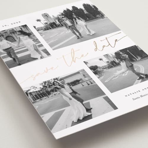 This is a snow foil stamped save the date cards with foil pressed by Sarah Curry called minimal holiday gallery printing on recycled smooth signature in grand