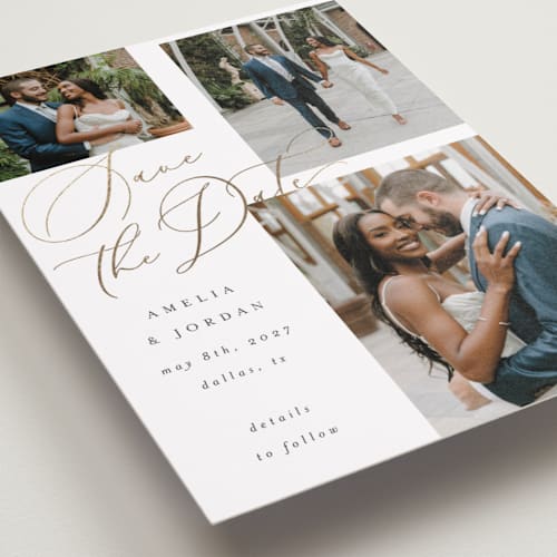 This is a snow foil stamped save the date cards with foil pressed by AK Graphics called whimsy printing on recycled smooth signature in grand