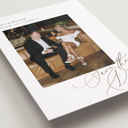 This is a pearl foil stamped save the date cards with foil pressed by Melanie Kosuge called side swept printing on recycled smooth signature in grand