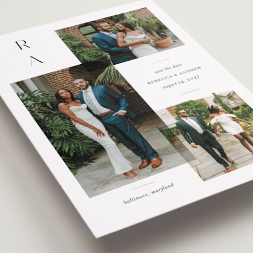 This is a cotton foil stamped save the date cards with foil pressed by Jessica Williams called multiple printing on recycled smooth signature in grand